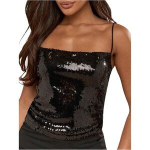Women's Glitter Sequin Cami Top Sleeveless Sparkly Party Clubwear Medium